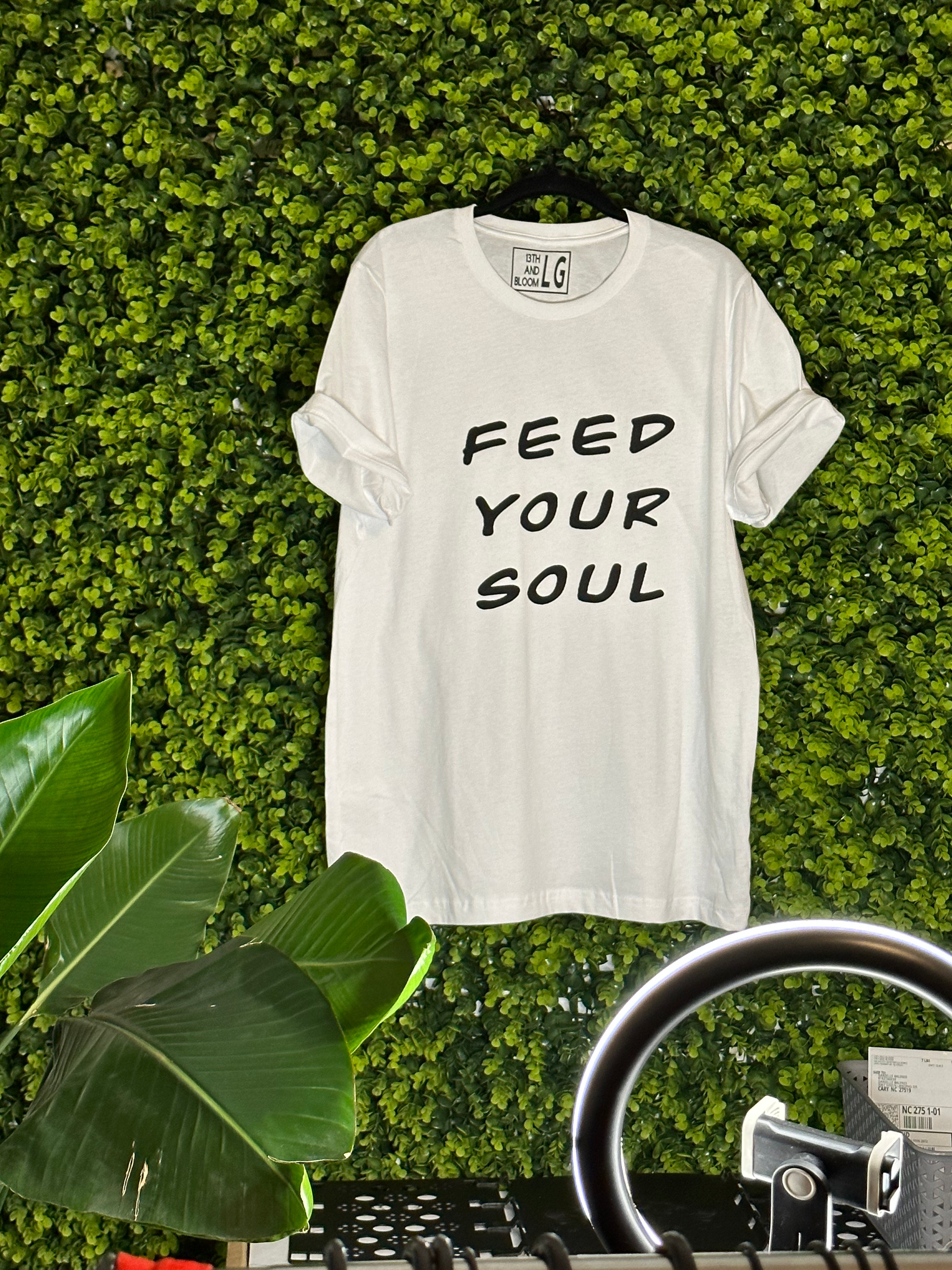 White Tee: Feed Your Soul Staple - Short Sleeved in white w/ black logo